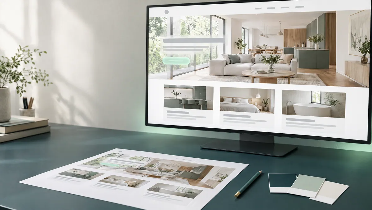 Een persoonlijk ontwerpvoorstel: een websiteontwerp op een monitor, met een uitgeprinte versie en kleurstalen in petrol en mint