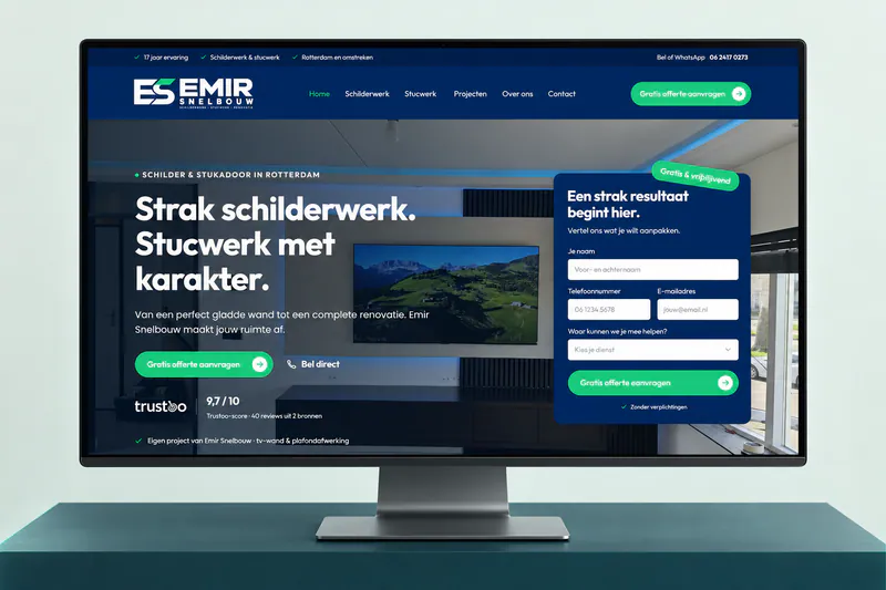 Mockup van het websiteconcept voor Emir Snelbouw op een monitor