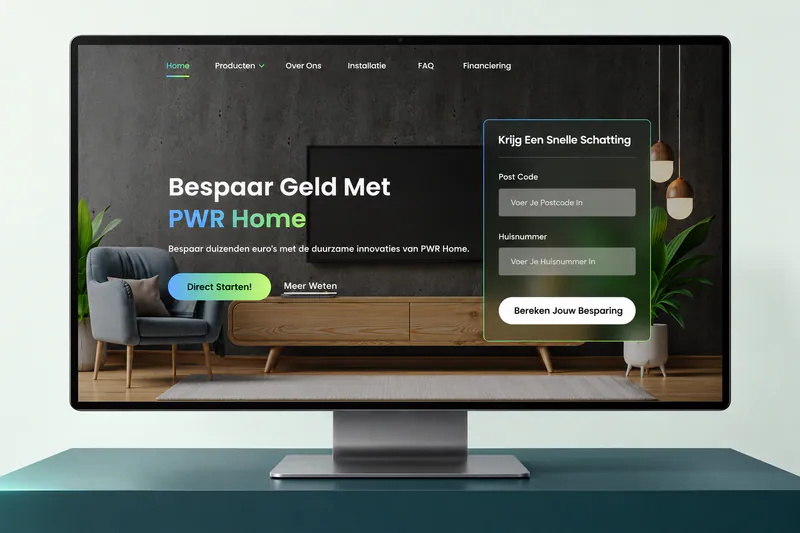Mockup van het webdesignconcept voor PWR Home op een monitor